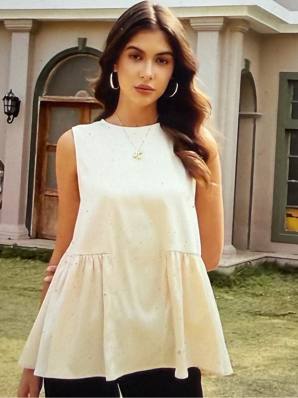 Elegant Silk Satin Sleeveless Champagne Peplum Top - NWT Size L
